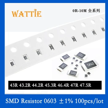 SMD Rezistora, 0603 1% 43R 43.2 R 44.2 R 45.3 R 46.4 R 47R 47.5 R 100KS/veľa čip odpory 1/10W 1,6 mm*0.8 mm