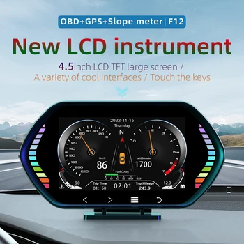 Nový Dotykový Displej F12 HUD OBD2 Head Up Display Auta GPS Tachometer Svahu Meter čelné Sklo Napätie Vody Temp RPM Rozchod s budíkom