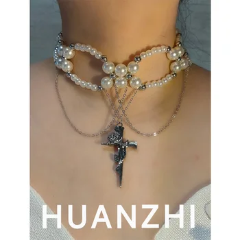 HUANZHI francúzsky Elegantné Faux Perlový Náhrdelník Kríž Rose Kovový Prívesok Vintage Trend Strany Hostiny, Šperky pre Ženy, Dievčatá Unisex