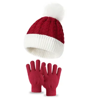Jednofarebné Deti S Vlnou Loptu Pletené Vianočné Hat Rukavice Dve Sady Jeseň A V Zime Teplé Vlny Klobúk