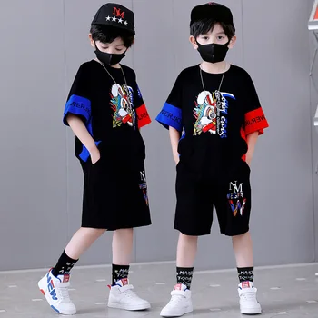 Chlapci v Lete Oblek Čiernej Cartoon Deti Krátke Sleeve T-shirt +šortky 2pc Športové Ležérne Oblečenie pre Dospievajúceho Chlapca Oblečenie Sady
