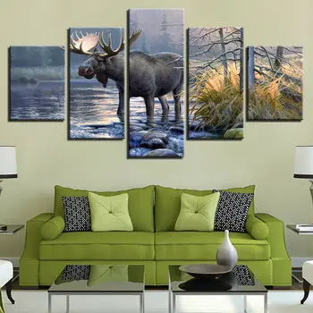 Zvieratá Veľký Moose západ Slnka Lake Forest Plátno, Vytlačí Maľby Nástenné Art Decor Plagát Izba Dekor HD Tlač Obrázkov Domova