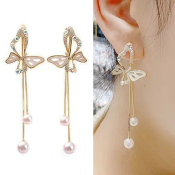 925 Strieborná Ihla Motýľ Náušnice Pre Ženy kórejský Módne Šperky 2023 Trendov Luxusné dámske Dlhé Pearl Strapec Náušnice