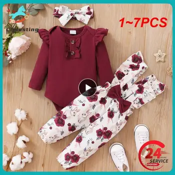1~7PCS Prowow Baby Dievčatá Oblečenie Oblečenie Sady Dlhý Rukáv Červená Remienky+Kvetinový Trakmi, Nohavice+hlavový most Novorodenca Narodenia Sady Pre