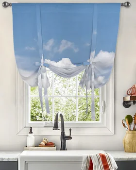 Postupné Jasná Obloha S Bielymi Oblakmi motýlik Závesy pre Obývacej Izby, Spálne, Moderná Zviazať Okno Opony Kuchyňa Krátke Závesy