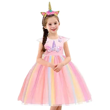 Ružový Jednorožec Šaty pre Dievčatá Kvet Appliques plesové Šaty, Dievčatko Princezná Šaty Elegantné Party Kostýmy Deti Oblečenie