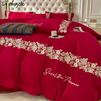 Luxusné High-End Výšivky 600TC posteľná bielizeň z Egyptskej Bavlny Nastaviť Červená Svadobný Darček Perinu Posteľ List Ploché Plechové #/L