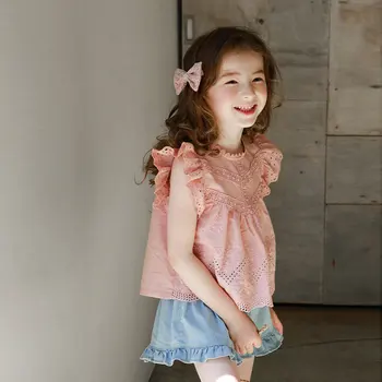 2023 Letné Dievčenské tričko kórejský detské Oblečenie detské a Dievčenské Duté Okraji Lietania Sleeve T-shirt Dievča Oblečenie