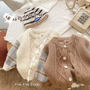Kórejský Detí Knitwear Spojov Sveter Chlapci Cardigan Jar a na Jeseň Odseku Hrubé Ihly Vlny Kabát Tide