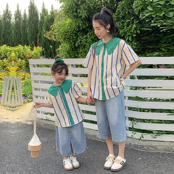 Mama a Dcéra Zodpovedajúce Oblečenie 2023 Lete kórejský Štýl Dievčatá Prekladané Bábika Golier Košele Matka Deti Bežné Jednoduché, Sladké Top