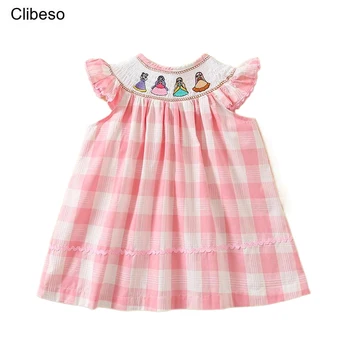 2023 Clibeso Lete Kockované Šaty pre Dievčatká Deti Boutique Cartoon Ručné Výšivky Šaty Deti Lietania Rukáv Frocks